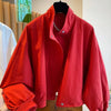 Women's Red Stand Collar Jacket, Casual Loose Fit Zip Up Outerwear with Drawstring Cuffs, Short Thin Coat for Autumn Spring