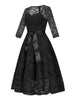 Sweetheart Neck Elegant Lace Long Swing Dress Women 3/4 Length Sleeve Belted Spring Autumn Vintage Ladies Midi Dresses