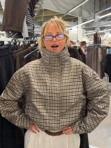 Vintage Plaid Zip Up Crop Jacket Women Stand Collar Pocket Loose Long Sleeve Commute Coat Autumn Daily Casual Streetwear