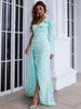 Light Blue Sequin Party Dress Women One Shoulder Long Sleeve Ruffles Side Split Draped Evening Prom Dresses Long Gown