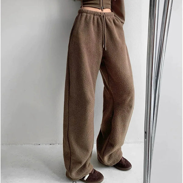 Polar Fleece Wide Leg Trousers for Women Oversize Style Loose Winter Thick Warm Sweatpants Y2K Vintage Thermal Pants