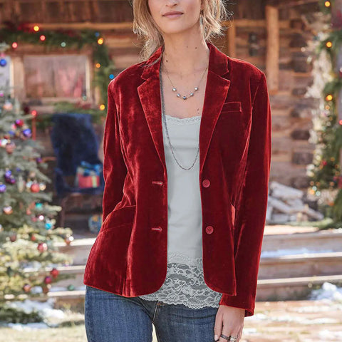 Women Notched Long Sleeve Button Velvet Blazer Casual Pocket Red Soft Slim Jacket Coats SYMCFS-MC646