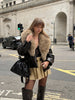 Ladies Winter Retro Fur Collar Leather Jacket V‑Neck Full Lapel Long Sleeve Double Breasted Urban Warm Casual Outer