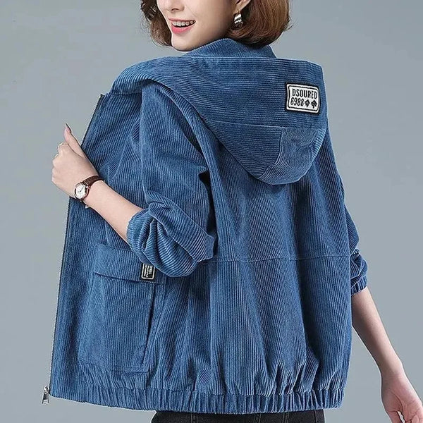 Corduroy Short Coat 5XL Women's Spring Autumn Korean Loose Solid Hooded Jacket Casual Female Zipper Coat Tops