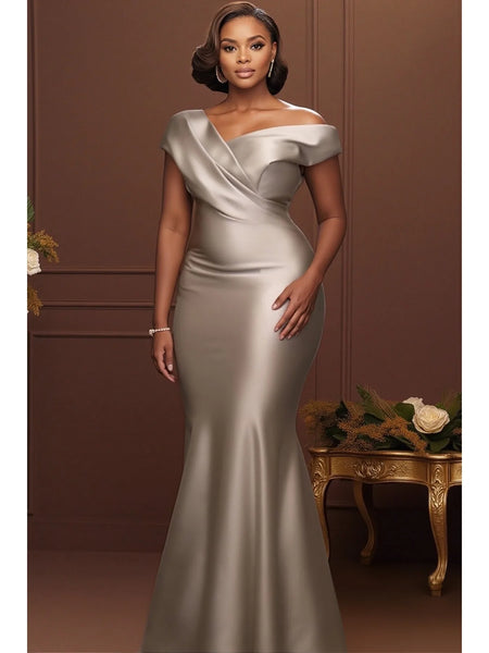 Satin Off Shoulder Mermaid Evening Gown Wrap Ruched Bodycon Formal Maxi Dress Women Plus Size Elegant Wedding Guest Dress