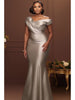 Satin Off Shoulder Mermaid Evening Gown Wrap Ruched Bodycon Formal Maxi Dress Women Plus Size Elegant Wedding Guest Dress