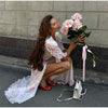 V-neck Organza Floral Chiffon Puff Sleeve Slit Long Dress Bodycon High Slit Bodycon Sexy Dresses Lady Chic Daily Sweet Date Robe