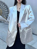 Women Silver Big Size Glossy Sensation Blazer Lapel Long Sleeve Loose Jacket Tide Autumn 31A0901