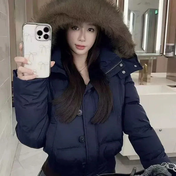 Korean Fur Collar Hooded Parkas Ladies Design Cropped Cotton Padded Winter Jacket Female Blue Casual Warm Parka Coats
