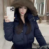 Korean Fur Collar Hooded Parkas Ladies Design Cropped Cotton Padded Winter Jacket Female Blue Casual Warm Parka Coats