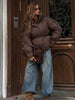 Women Brown Drawstring Waist Puffer Jacket Stand Collar Warm Cotton Padded Coat Casual Oversized Winter Parka Outerwear