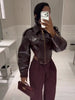 Women Coated Cinched-waist Leather Jacket Retro Casual Lapel Full Sleeve Zipper Fishbone Coats Lady Daily High Street Coat