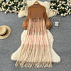Tassel Patchwok Color Block Dress for Women Pleated Puff Sleeve Mid-calf Dresses Female Autumn