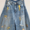 Chic Y2K Style Metal Decoration Washed Blue Women's Stacked Jeans Pants For Woman Clothing Wide Leg Vintage Denim Trouserso