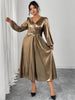 Plus Size Surplice Neck Long Sleeve Elegant Party A-Line Dress Autumn Women's High Waist Slim Maxi Long Dresses