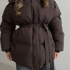 Winter Casual Lace-up Waisted Hooded Mid-Length Jacket For Women Solid Color Thickened Cotton Coat 1A1207