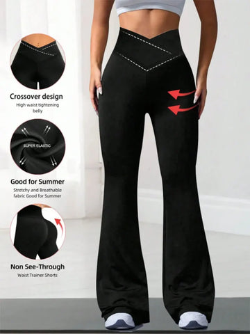 Criss Cross Stretch Flare Pants Minimalist High Waist Commute Yoga Trousers Sexy Casual Sports Leggings For Womens Slim Figures