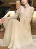Spring Elegant V-Neck Midi Dress Office Lady Long Sleeve Casual One Piece Dress Korean French Vintage Chiffon Dress Women