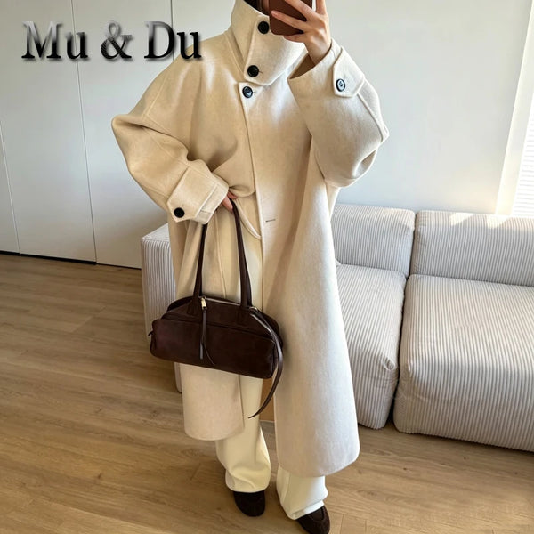 Women Long Double-sided Woolen Blend Coats Retro Loose Female Overcoat Single-Breasted Ladies Windbreak Autumn Winter