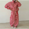 Vertical Stripe Two Piece Outfit Stand Collar Zip Up Jacket Elastic Waist Wide Leg Pants Loose Women Casual High Street Set