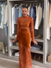 Women Lace Overlay Satin Maxi Skirt Long Sleeve Slim Fit Sheer Mermaid Hem Party Dress Formal Evening Date Activity Gown