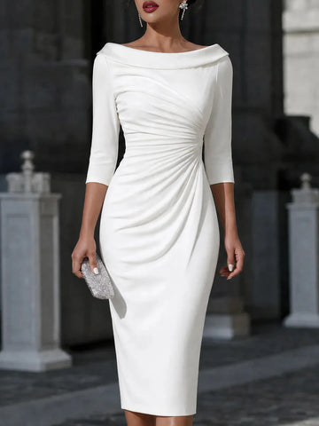 Women Autumn Elegant boat neck 2/3 Sleeve Work Office Knee Length Solid Business Casual Party Ruched Pencil Bodycon Sheath Dress