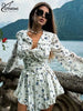 White Print Women's Dress Elegant V-Neck Ruffled Long Sleeve Dresses Autumn High Waisted Pleated Mini Dresses
