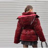 Warm Glossy Hooded Lace-up Cotton Coats Winter Female Casual Zipper Bottons Belted Overcoat Women's Solid Streetwear