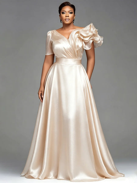 Women Formal Plus Size Dress V‑Neck Mixed Ruffle 3D Sleeve Maxi Dress Pockets Elegant Wedding Guest Evening Party Dress