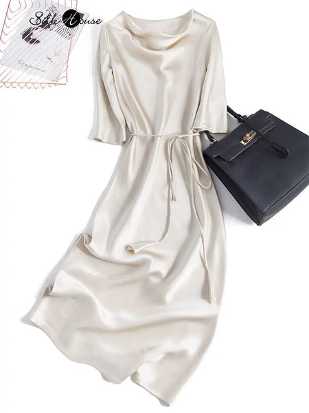 Heavy Mulberry Silk Satin Party Dress Long Sleeve Dress Women's Evening Dress
