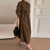 Women's Gathered Front Maxi Dresses Fall Solid Color Turn-Down Collar Long Sleeve Half Buttons Shirtdress Commuting