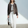 Women's Autumn Clothing European Sheepskin Casual O-Neck Single-Breasted Coffee Litchi Stria Genuine Leather Jacket