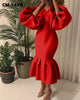 Women Evening Dress Solid Full Puff Sleeve V-neck Long Maxi Trumpet Dresses Vintage Party Vestidos Fall Outfit