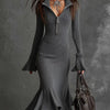 European American Trumpet Dresses Women Solid Autumn Winter Zipper Lapel Flared Sleeve Knitted Fishtail Dress Slim Fit Vestidos