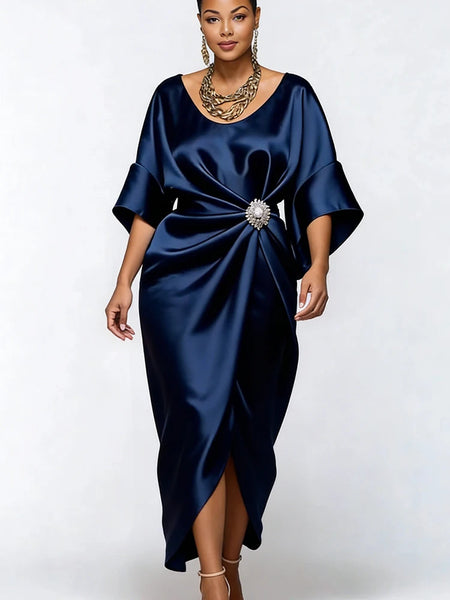 Navy Blue Satin Midi Dress Women Boat Neck Batwing Sleeve Rhinestone Waist Decor Ruched Elegant Evening Party Cocktail Dress