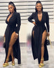 Plus Size Women Full Sleeve Evening Dresses Classic V-neck Maxi Vestidos Night Club Split Party Long Dress