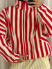 Vintage Contrast Striped Coat Pants Suit Women Chic Zipper Elastic Waist Button Lantern Trouser Suit Autumn Daily Street Outfit