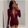 Sexy Burgundy Deep V-neck Mini Dress Women Elegant Full Sleeve Shoulder Pads Pleated Slim Short Dresses Lady Evening Party Gowns