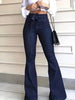 Ladies Deep Blue High Waist Bell Bottom Jeans Elastic Stretch Leg Lengthening Belted Waist