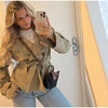 Womens Cropped Trench Coat Double Breasted Stand Collar Belted Waist Street Style Autumn Outerwear Casual Chic Shoulder Epaulets