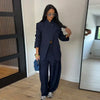 Chic Solid Stand Neck Blazer Jacket Pant Set Women Full Sleeve Shoulder Pads Coat Wide Leg Pants Autumn Commute Outfit