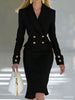 Elegant V-neck Double breasted Blazer Dress Commute Hight Waist Solid Party Dress Lady Casual Long Sleeve Wrap Hip Dress