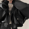 Korean Black PU Leather Jacket Women Hooded Loose Spring Autumn Zipper Fake Two-Piece Versatile Outerwear