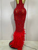 Shining Gold Rhinestones Feather Sexy Mesh Long Dress Women Birthday Evening Red Carpet Show Gown Stage Costume
