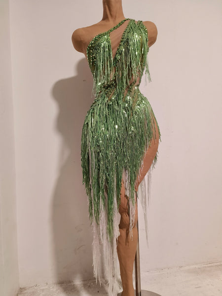Women Sparkly Rhinestones Tassel Green One Shoulder Sexy See-Through Dress Latin Dance Outfits Bar Nightclub Party Stage Costume