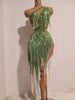 Women Sparkly Rhinestones Tassel Green One Shoulder Sexy See-Through Dress Latin Dance Outfits Bar Nightclub Party Stage Costume