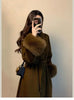 Women Autumn Winter Woolen Coat French Style Fur Sleeves Mid-Length Woolen Coat Women Long Coat Loose Outwear