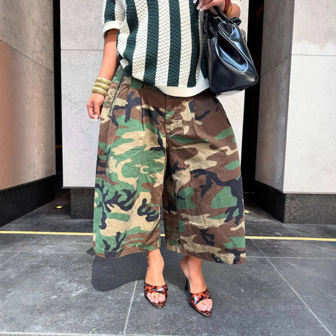 Women's Camouflage Wide Leg Pants Loose Casual High Waist Trousers Vintage Pockets Cropped Pants Streetwear Harajuku Capris