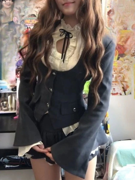 American 2000s Gothic Retro 3 Piece Sets Women Chic Coat + White Shirt + Fluffy Skirts High Street Harajuku Vintage Outfits