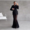 Elegant Solid Blazer Skirt Set Women Long Sleeve Button V-neck Blazer Lace See Through Long Skirts Spring Party Lady Suit